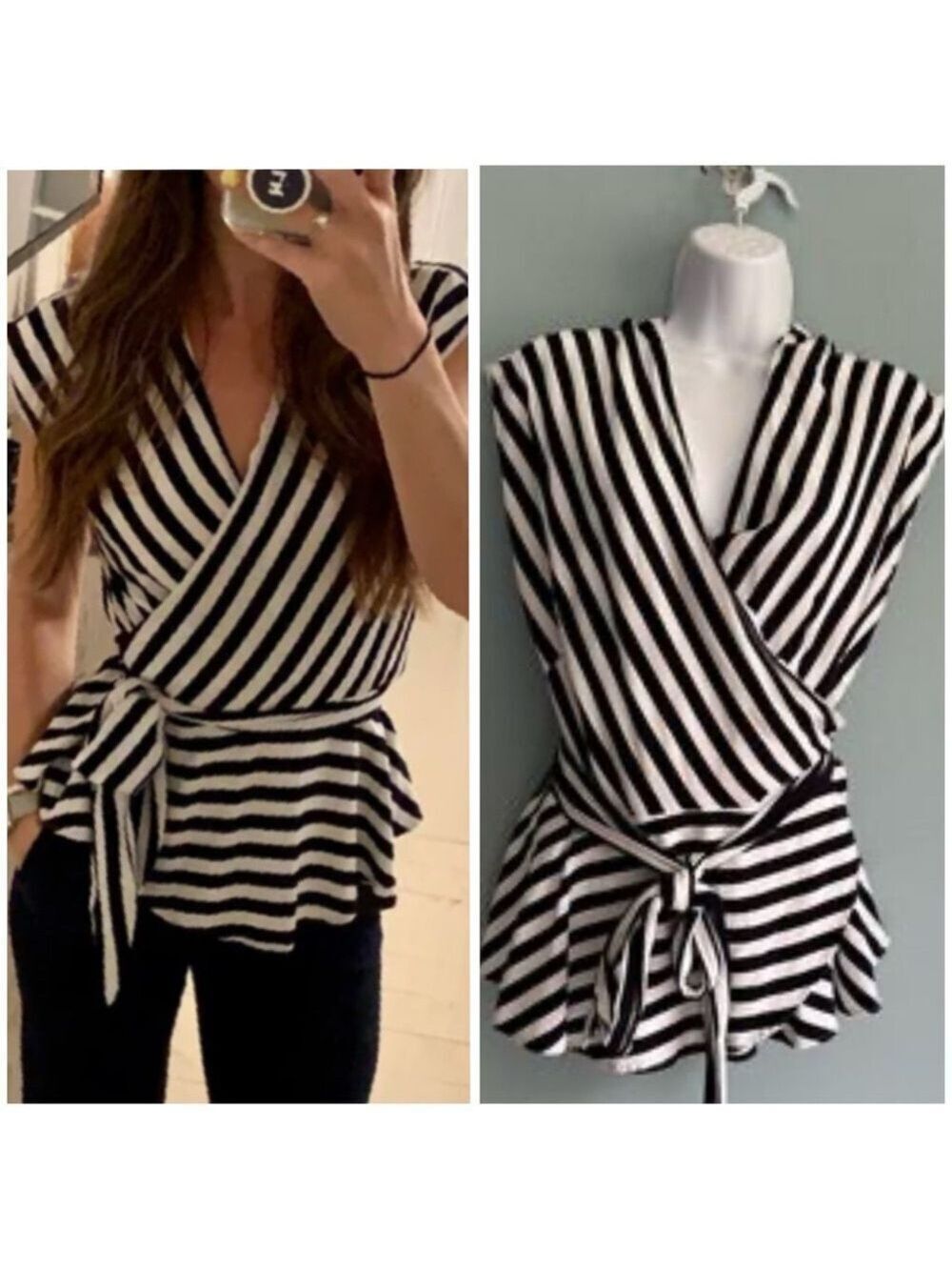 LOFT Black and White Stripe Wrap Peplum Blouse XS